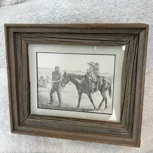 Western Art decor small wood framed. Family ranch time on the horse for kiddies.